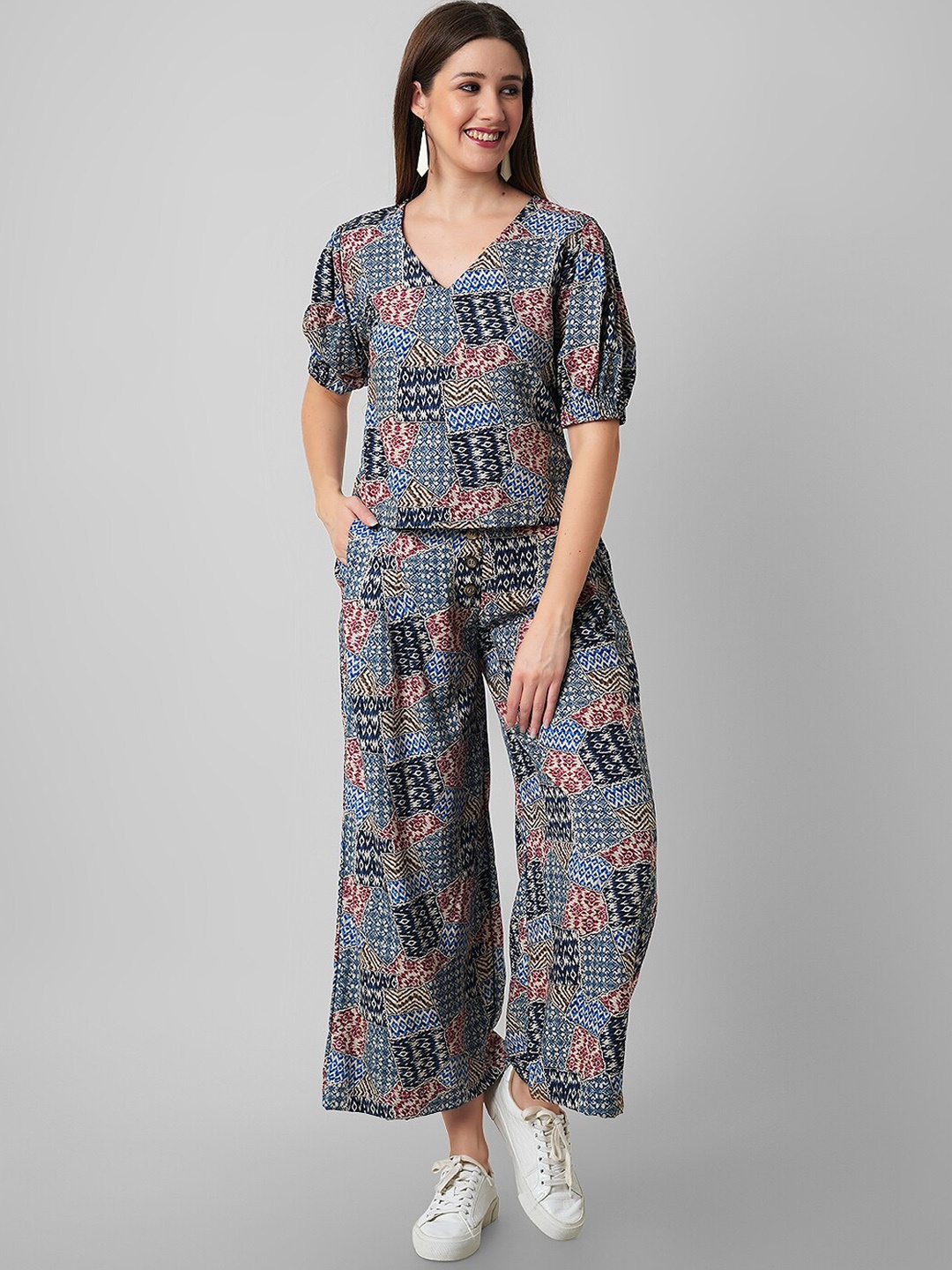 

Haute and Humble Printed Pure Cotton Top And Palazzos Co-Ords, Blue