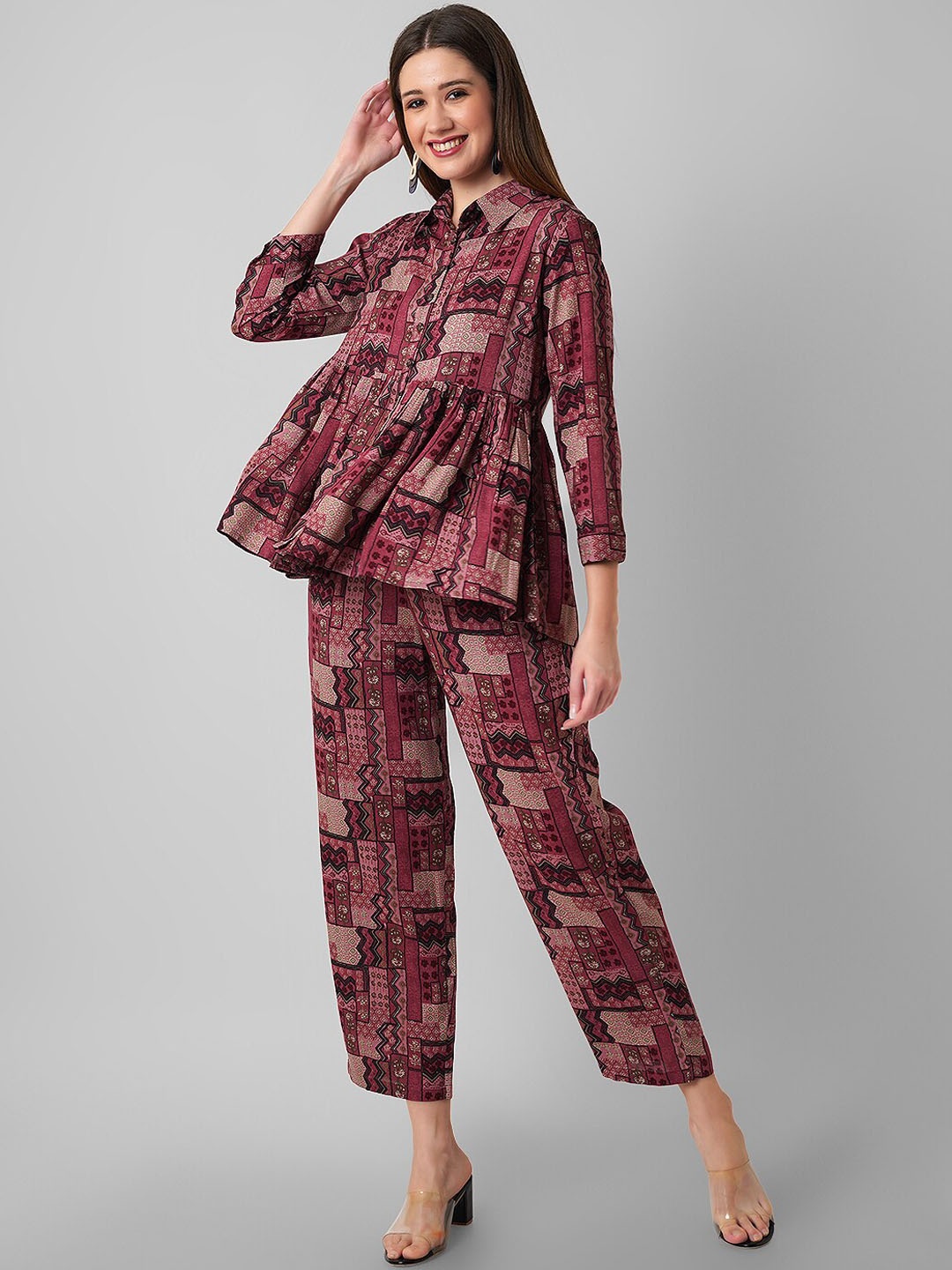

Haute and Humble Printed Pure Cotton Tunic and Trousers Co-Ords, Maroon