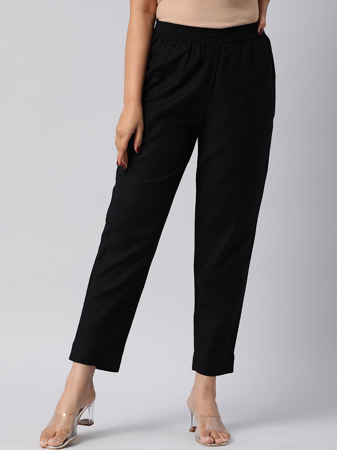 

KAMI KUBI Women High-Rise Plain Comfort Tapered Fit Cotton Linen Trousers, Black