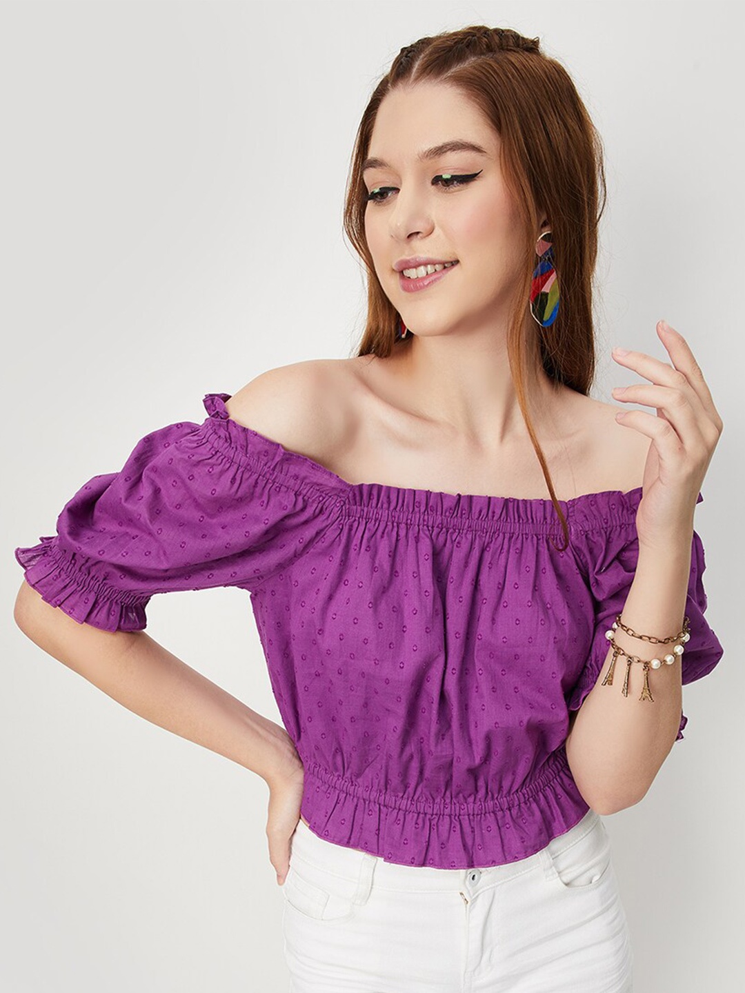 

max Purple Off-Shoulder Puff Sleeve Cotton Bardot Top