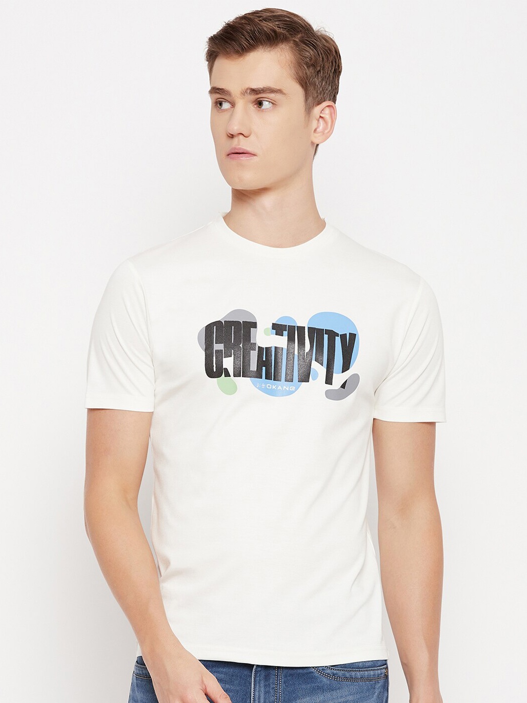 Okane Men White Typography Printed Applique T-shirt