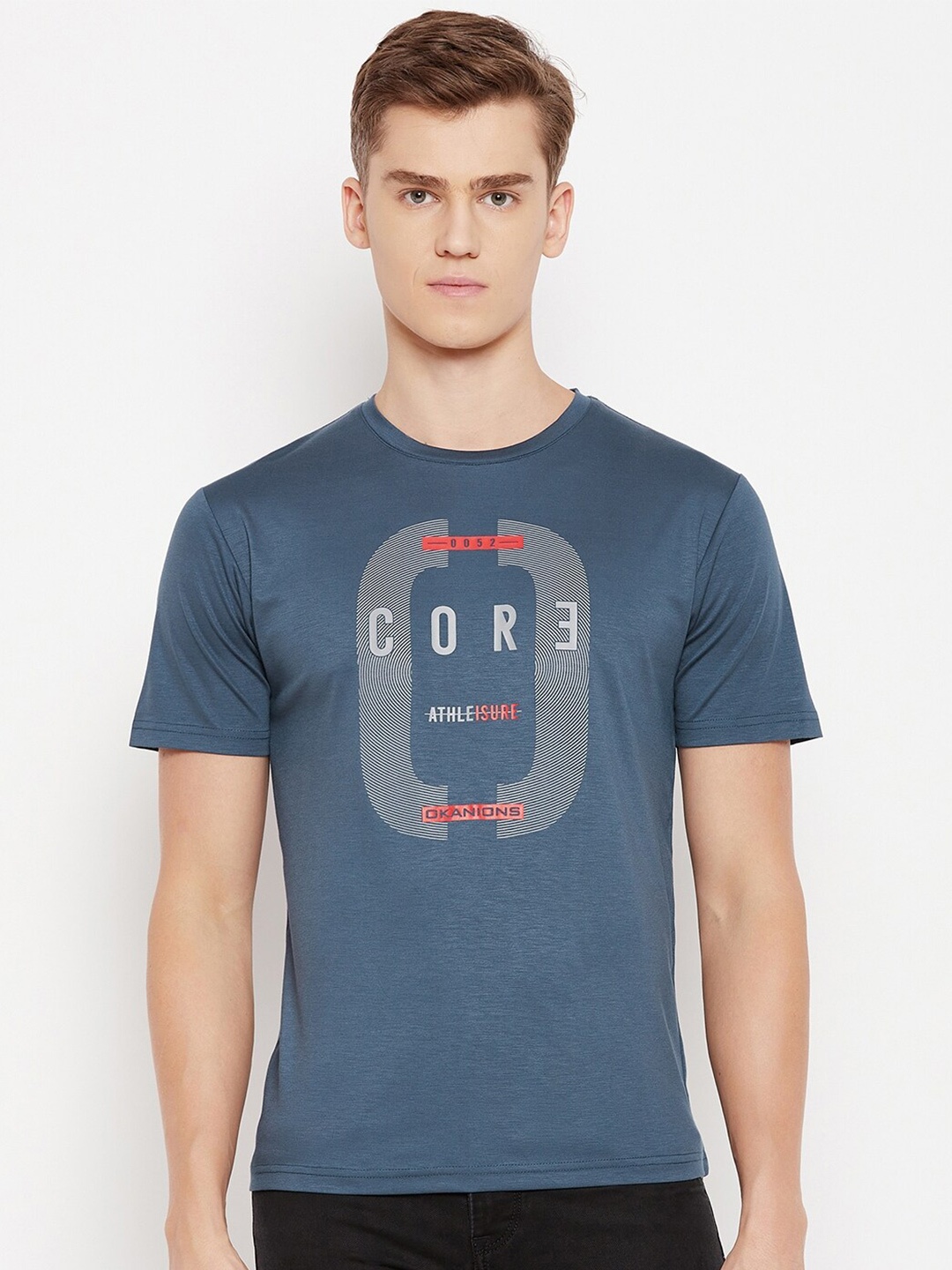

Okane Men Blue Typography Printed Applique T-shirt