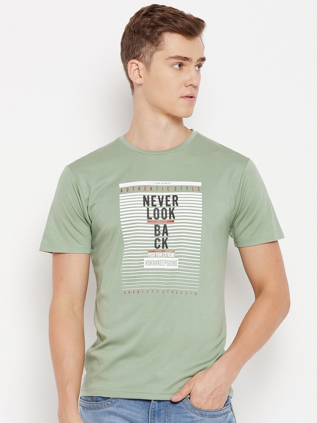 

Okane Men Green Typography Printed Raw Edge T-shirt