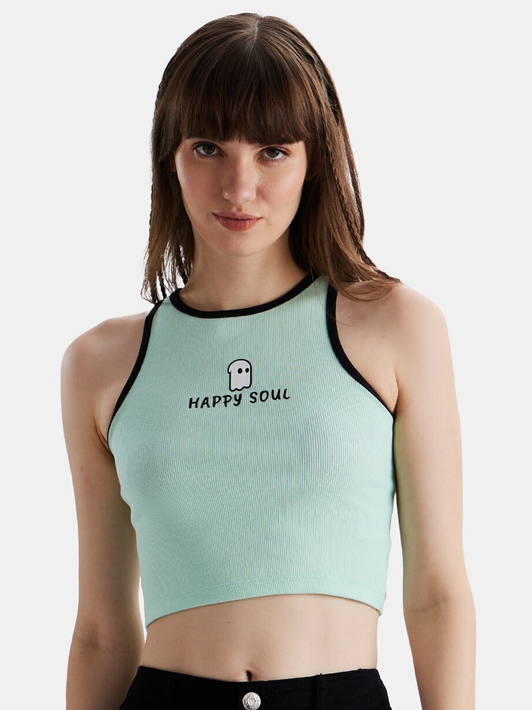 

The Souled Store Green & Black Typography Printed Ribbed Crop Tank Top