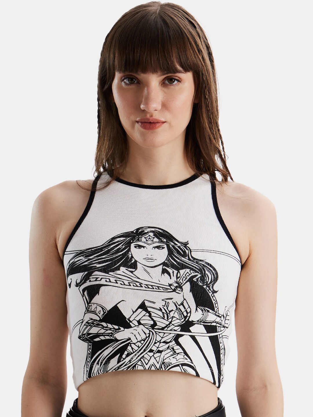 

The Souled Store White Wonder Woman Printed Ribbed Cotton Crop Tank Top