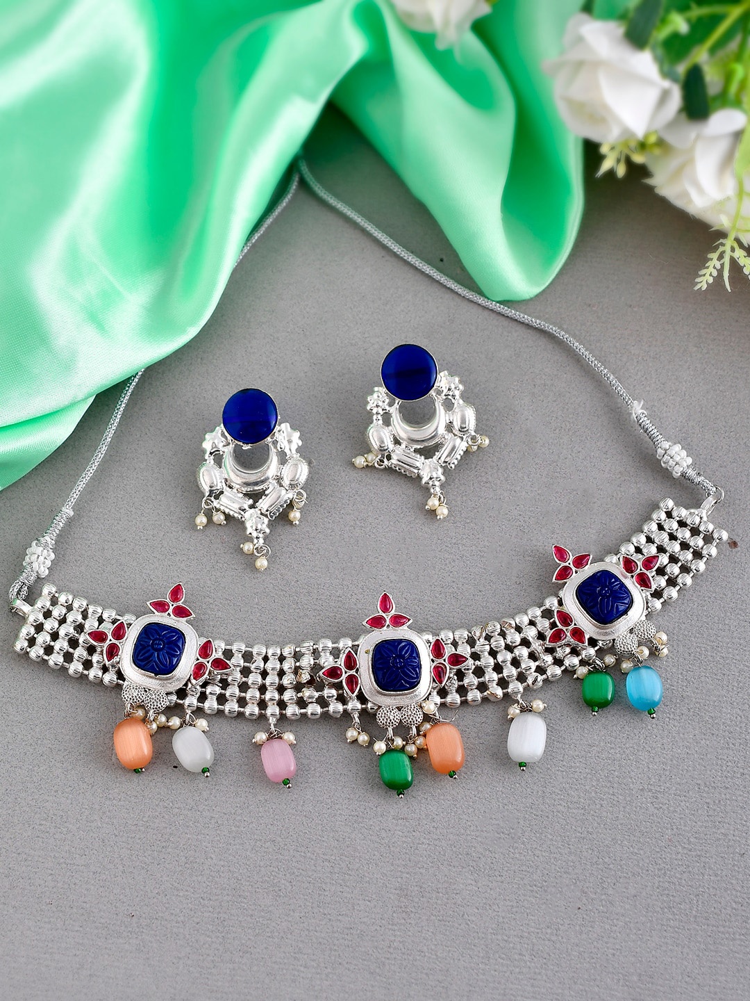

Silvermerc Designs Silver-Plated Onyx-Studded Brass Jewellery Set