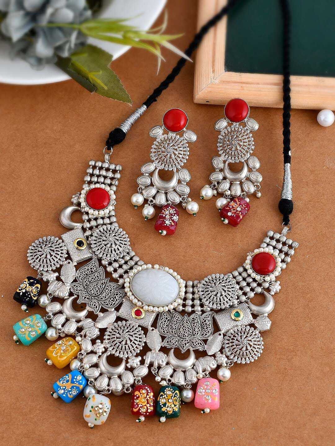 

Silvermerc Designs Silver-Plated Enameled Detailed & Beaded Jewellery Set