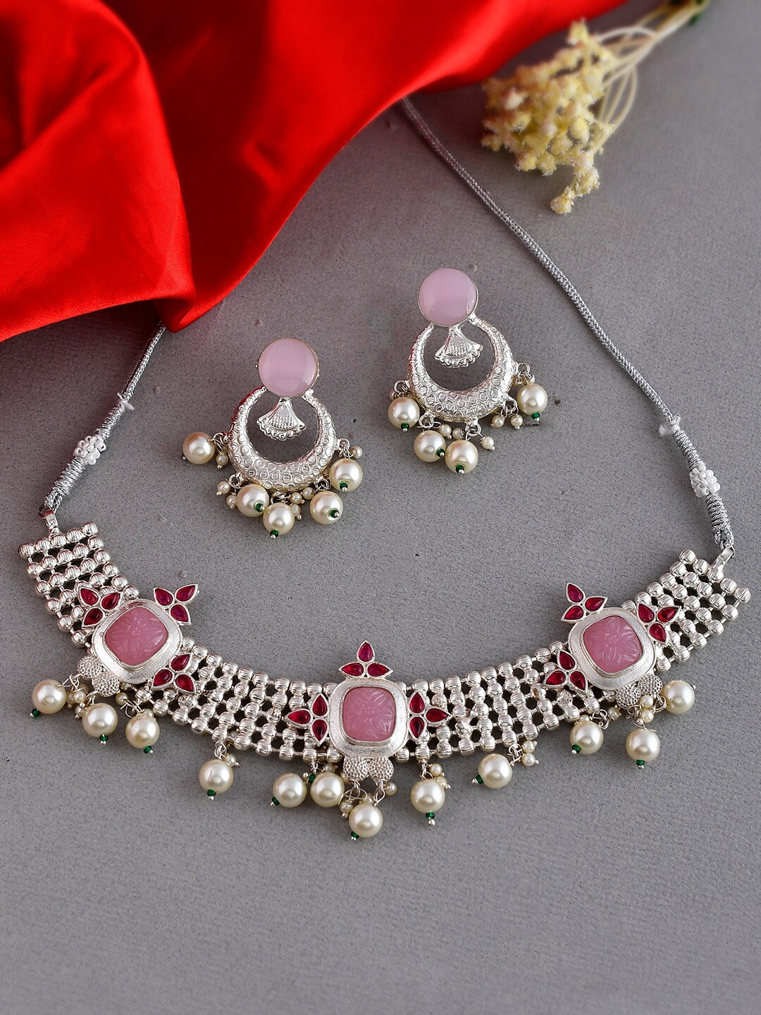

Silvermerc Designs Silver-Plated Quartz Studded Brass Necklace & Earring