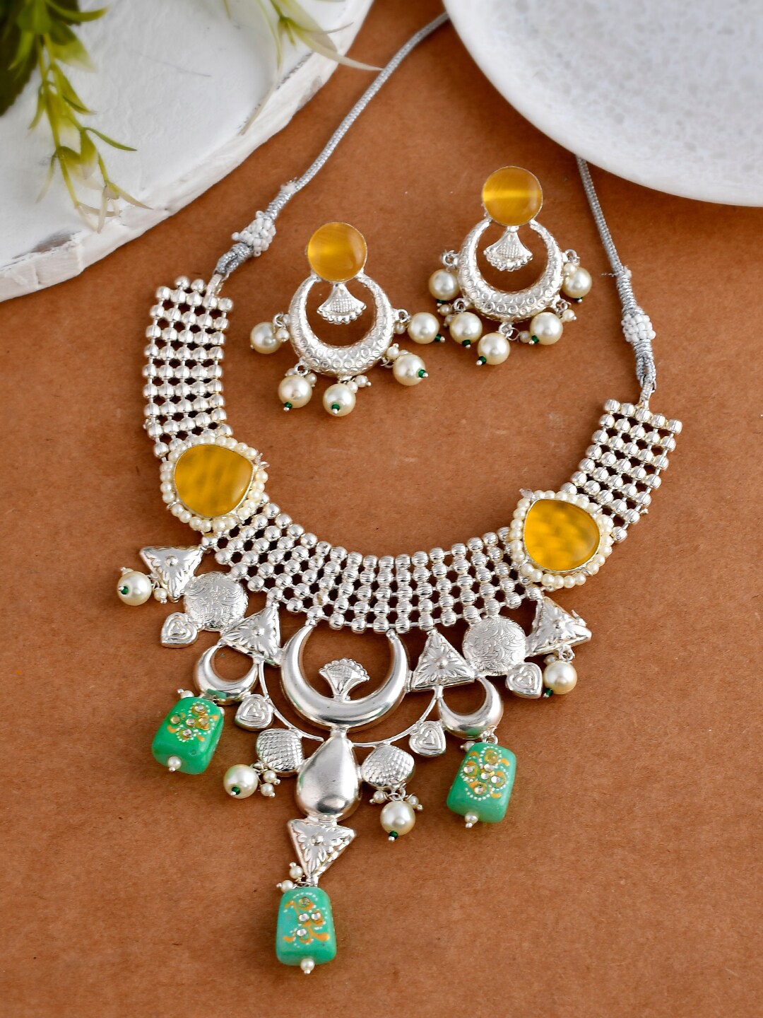 

Silvermerc Designs Silver-Plated Stone-Studded & Beaded Jewellery Set