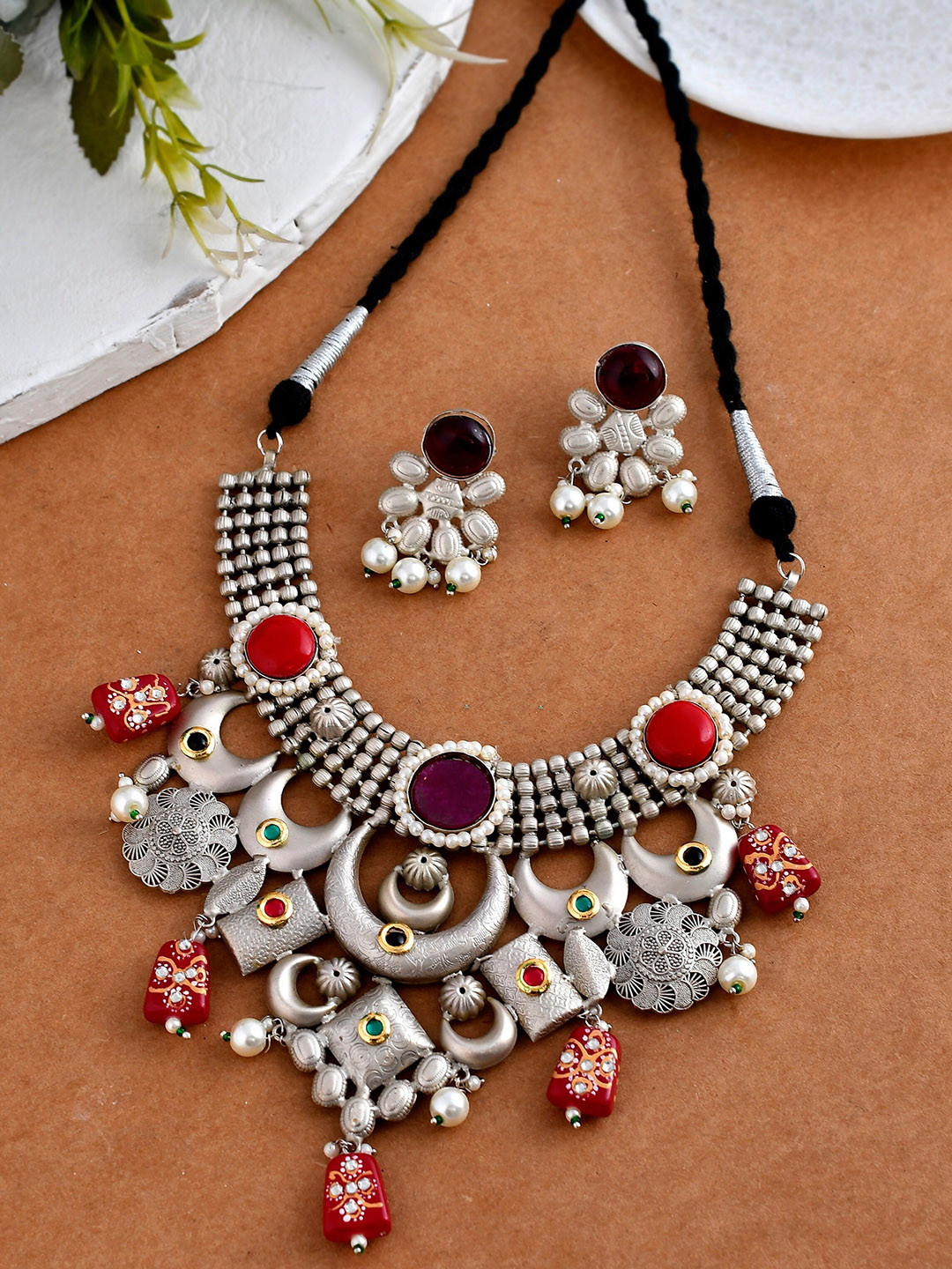 

Silvermerc Designs Silver-Plated Enameled & Beaded Brass Necklace & Earrings