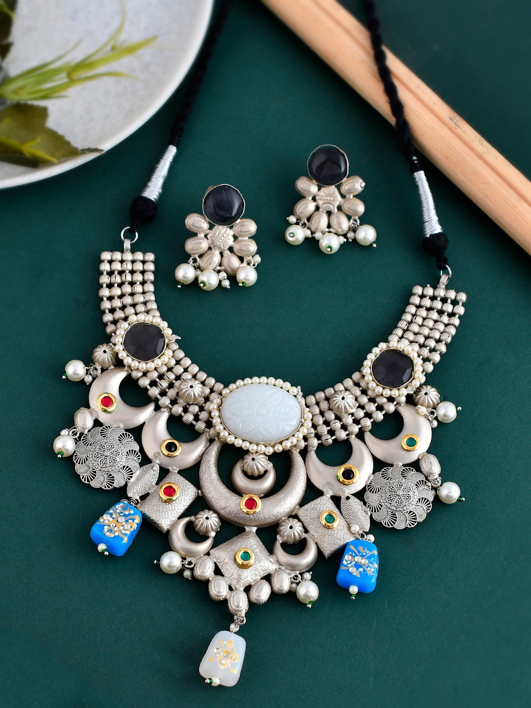 

Silvermerc Designs Silver-Plated Stone-Studded & Beaded Brass Necklace & Earring