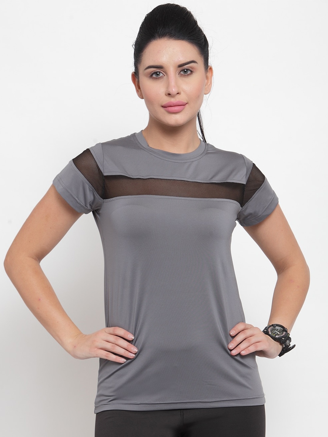 

Boston Club Women Grey Striped Drop-Shoulder Sleeves Dri-FIT Pockets T-shirt