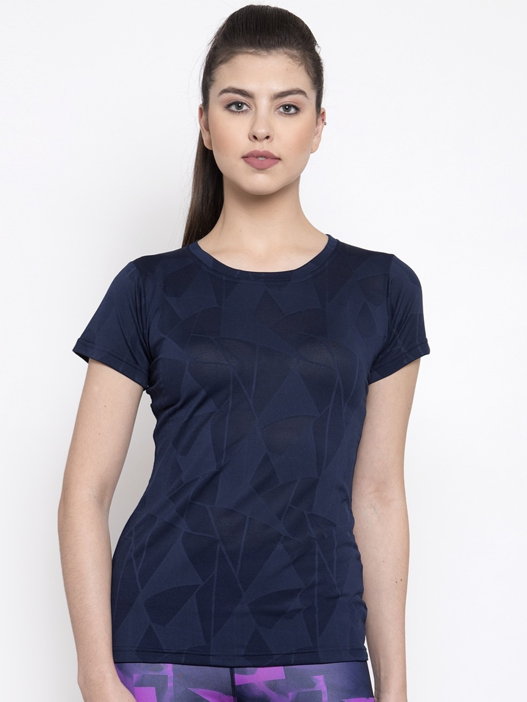 

Boston Club Women Navy Blue Printed Extended Sleeves Ethnic Dri-FIT Pockets T-shirt