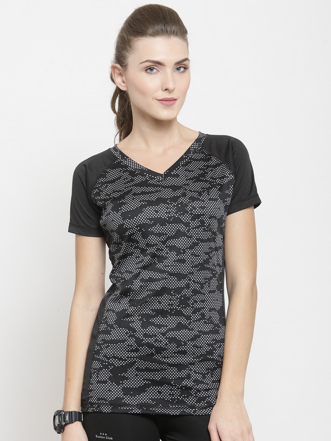 

Boston Club Women Black V-Neck Dri-FIT Pockets T-shirt