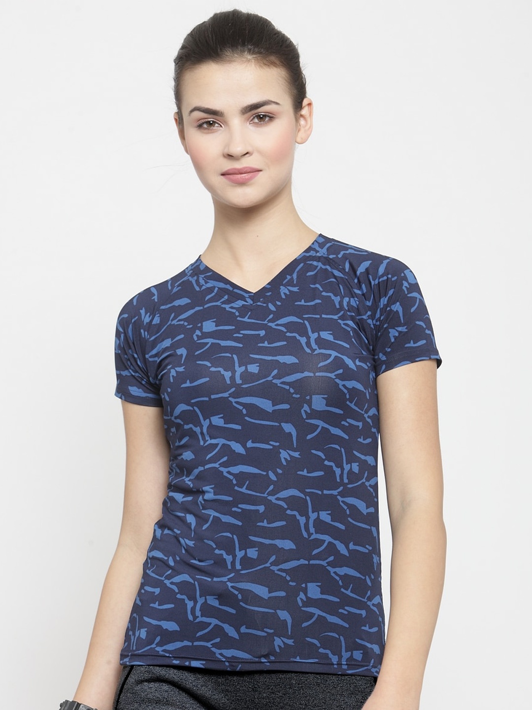 

Boston Club Women Navy Blue Printed V-Neck Dri-FIT Pockets T-shirt
