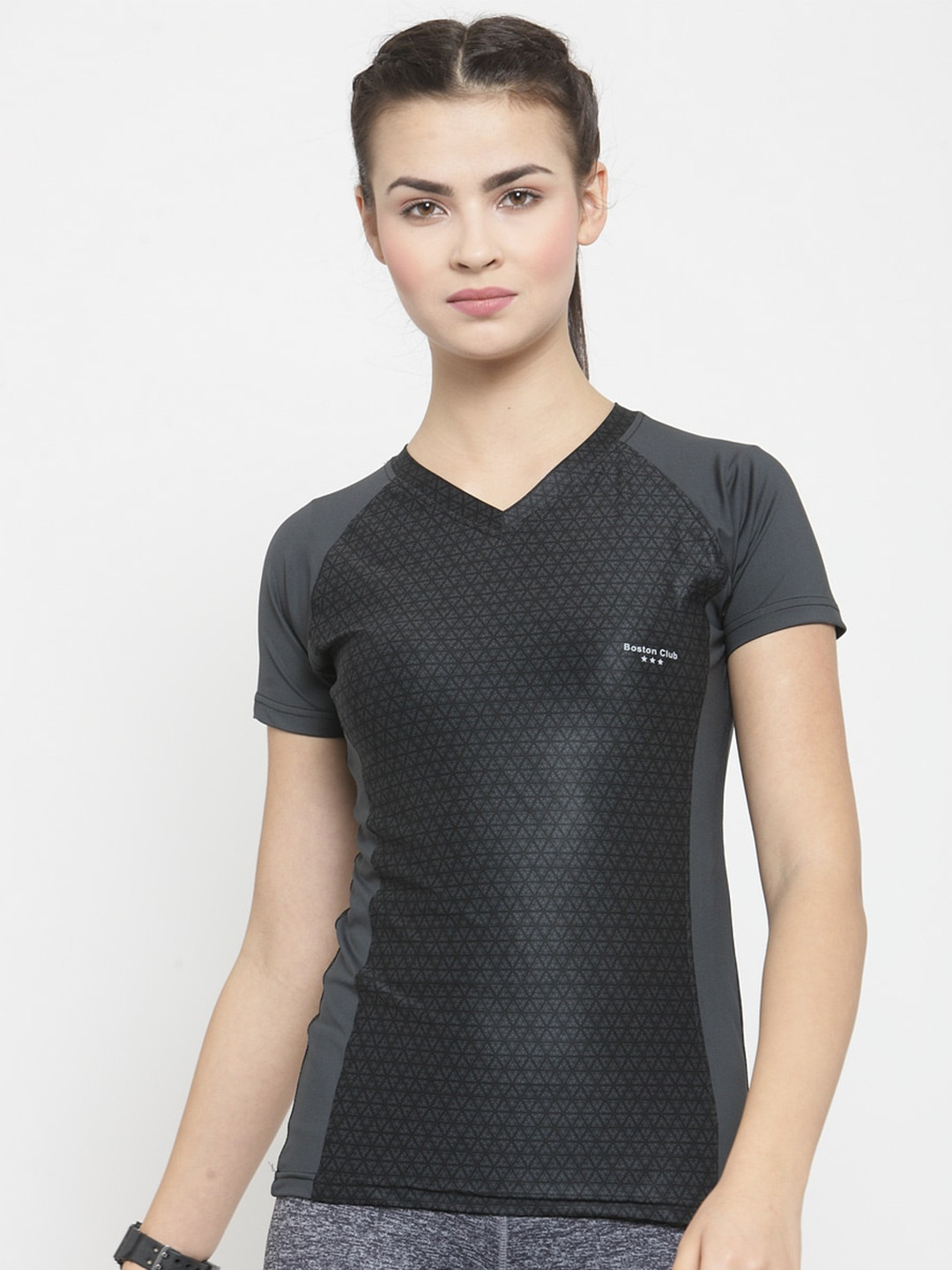 

Boston Club Women Black V-Neck Dri-FIT Pockets T-shirt