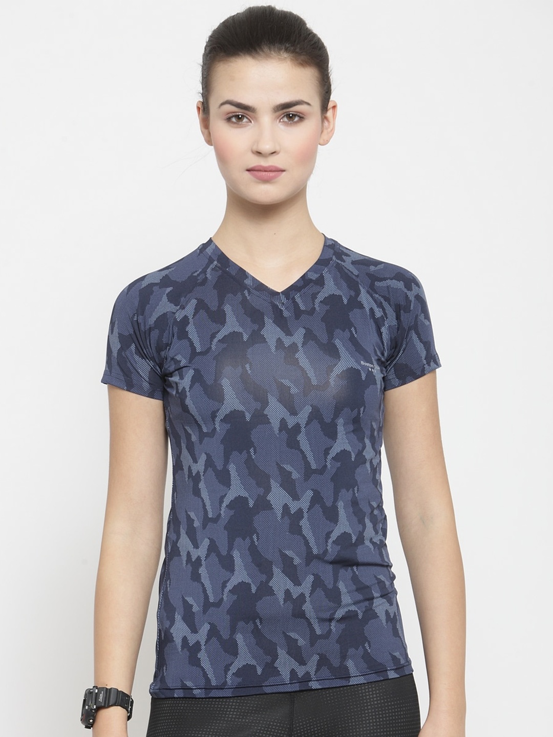 

Boston Club Women Navy Blue Typography Printed V-Neck Extended Sleeves Dri-FIT Pockets T-shirt