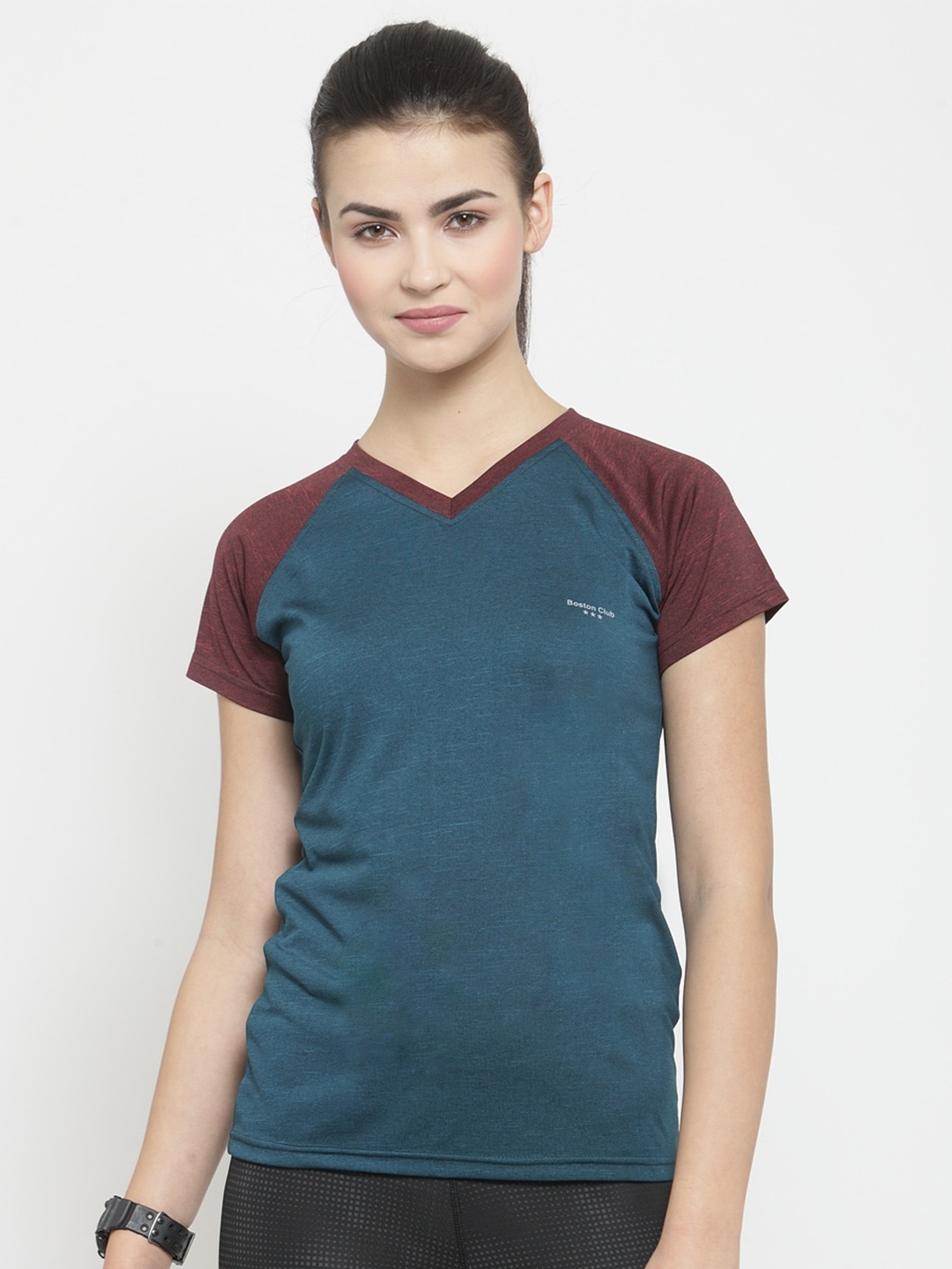 

Boston Club Women Green Colourblocked V-Neck Dri-FIT Pockets T-shirt