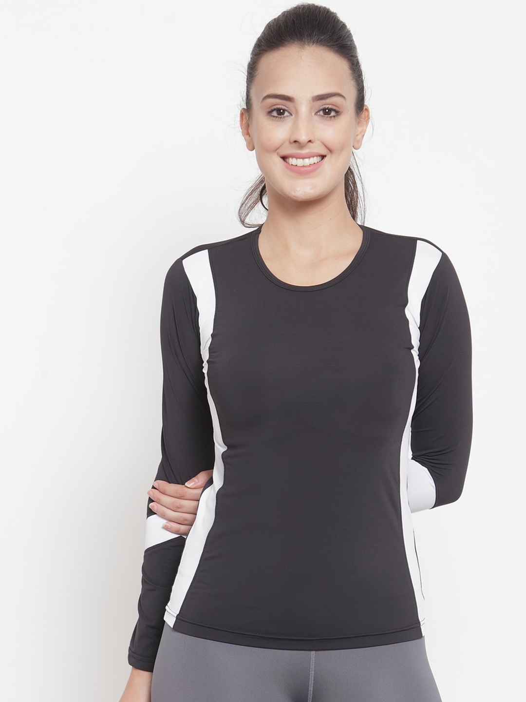 

Boston Club Women Black Colourblocked Dri-FIT T-shirt