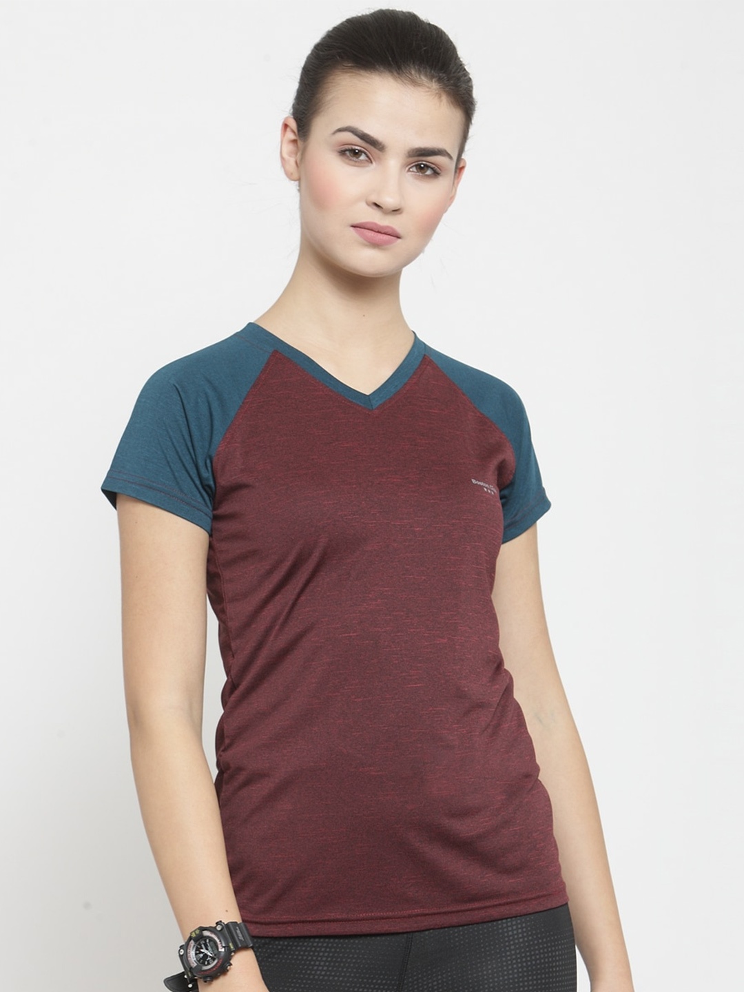 

Boston Club Women Maroon Colourblocked V-Neck Dri-FIT Pockets T-shirt
