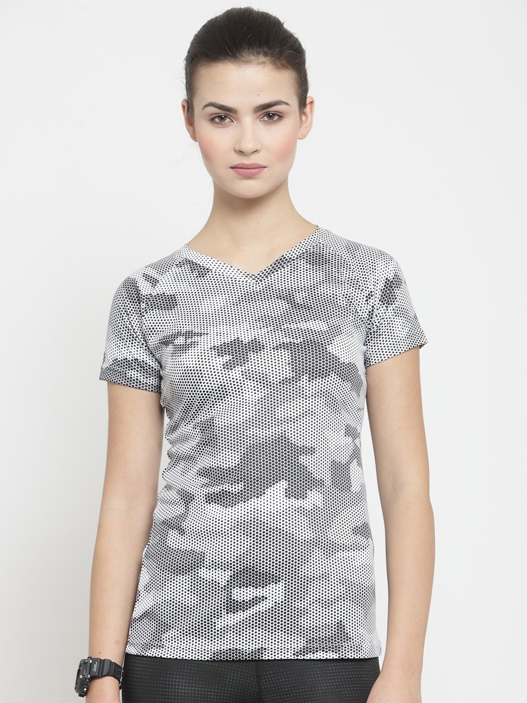 

Boston Club Women Black Camouflage Printed V-Neck Dri-FIT Raw Edge T-shirt
