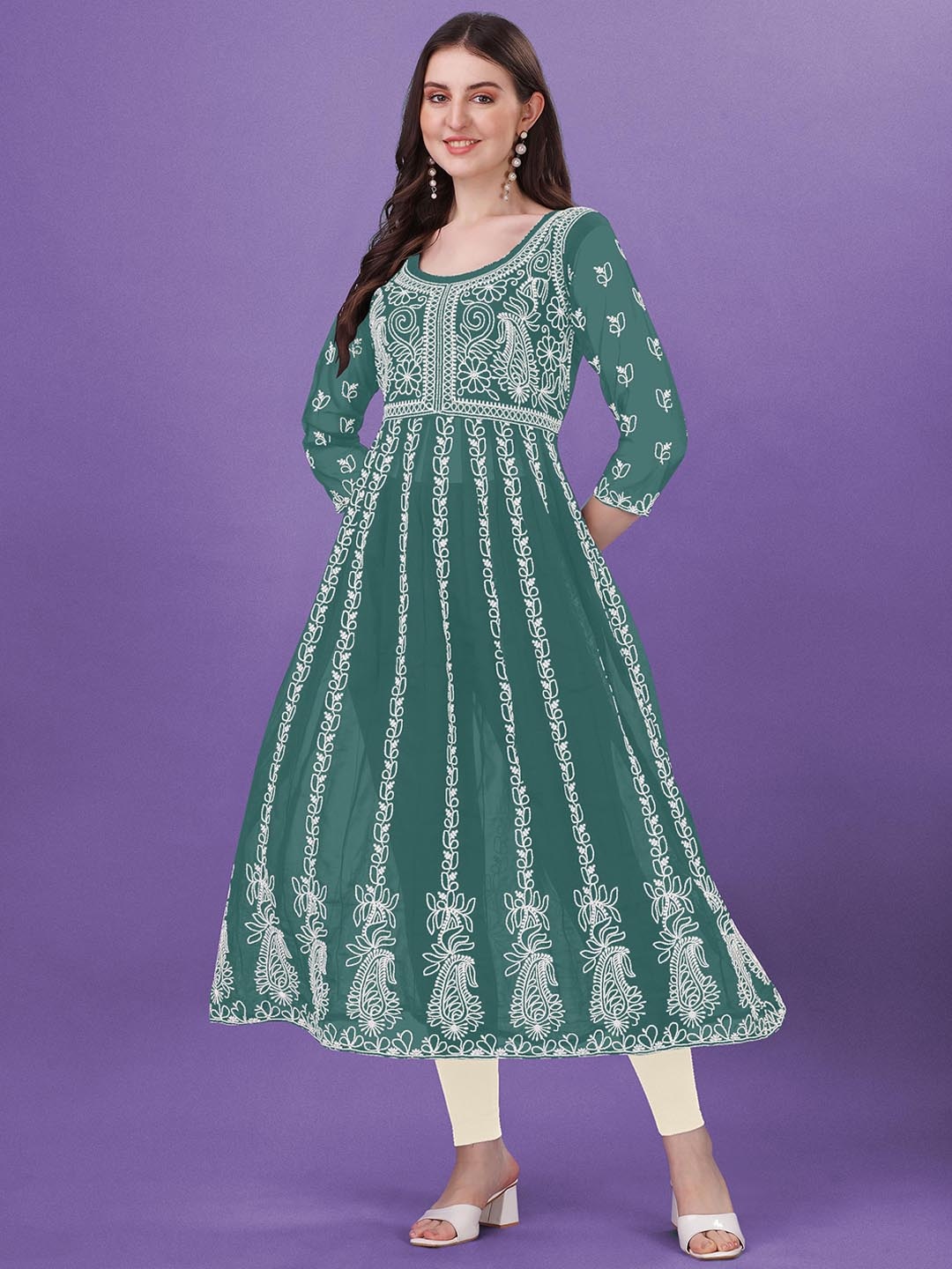 

FabFairy Yoke Design Chikankari Georgette Anarkali Kurta, Green