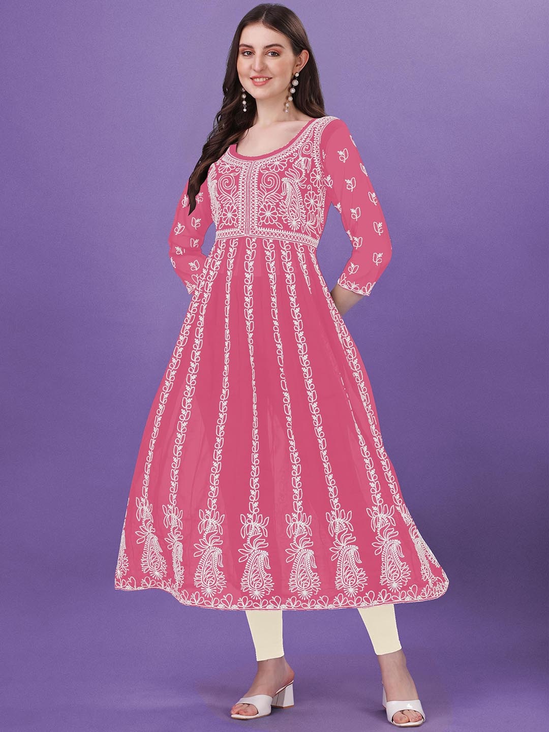 

FabFairy Yoke Design Chikankari Georgette Anarkali Kurta, Pink