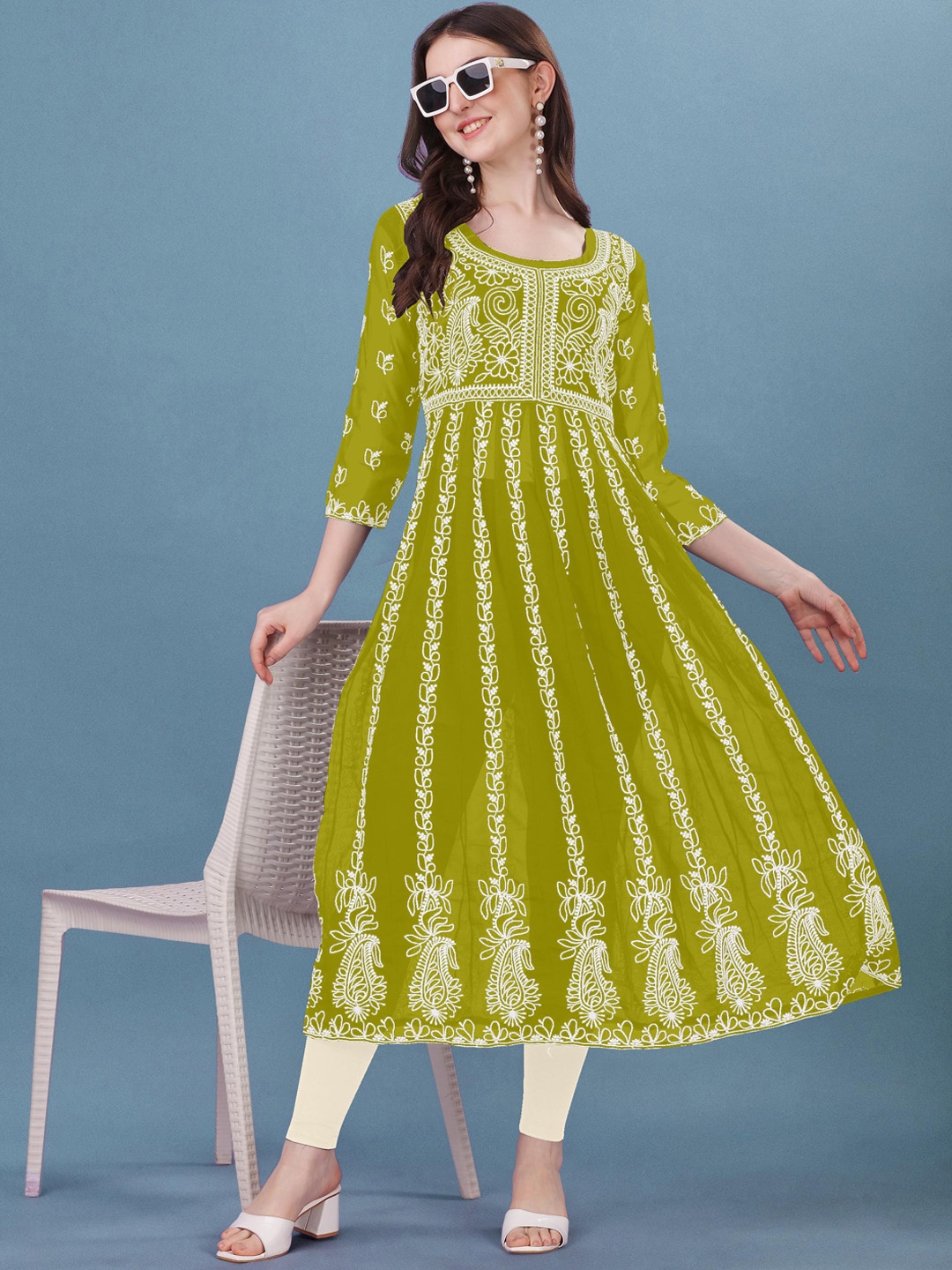 

FabFairy Yoke Design Chikankari Georgette Anarkali Kurta, Olive