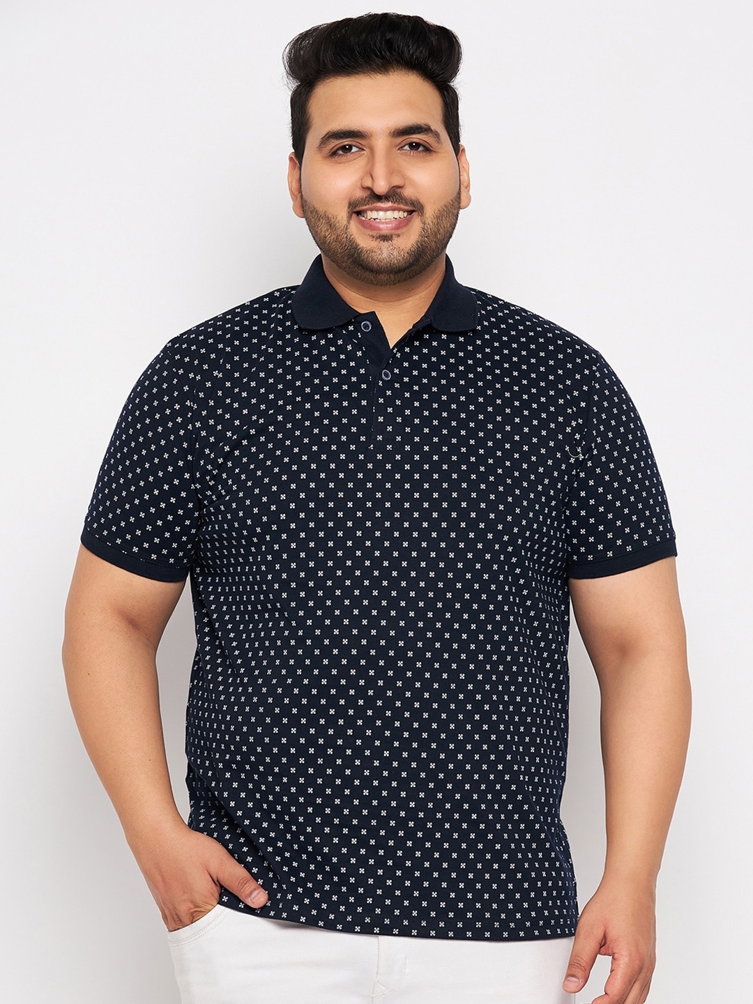 

WILD WEST Plus Men Navy Blue Printed Polo Collar Pockets T-shirt