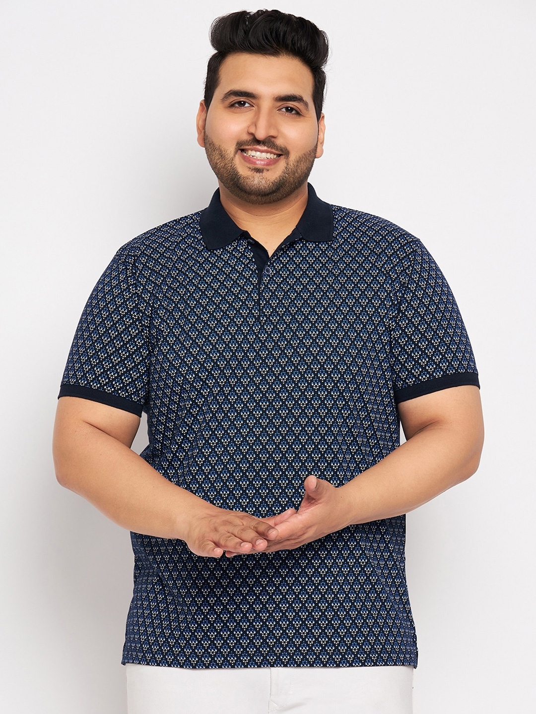

WILD WEST Plus Men Navy Blue Printed Polo Collar Pockets T-shirt