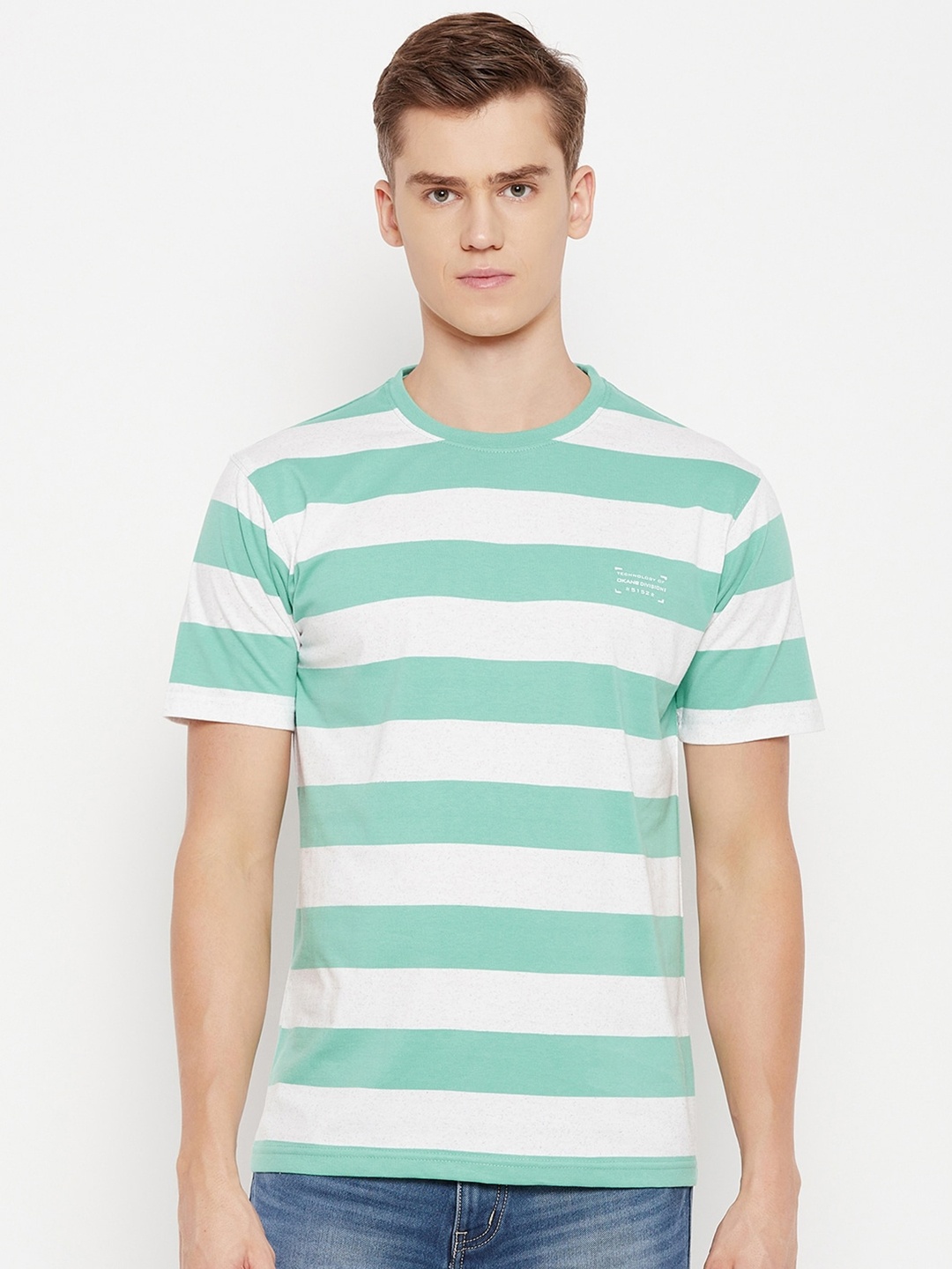 

Okane Men Green Striped Pockets T-shirt