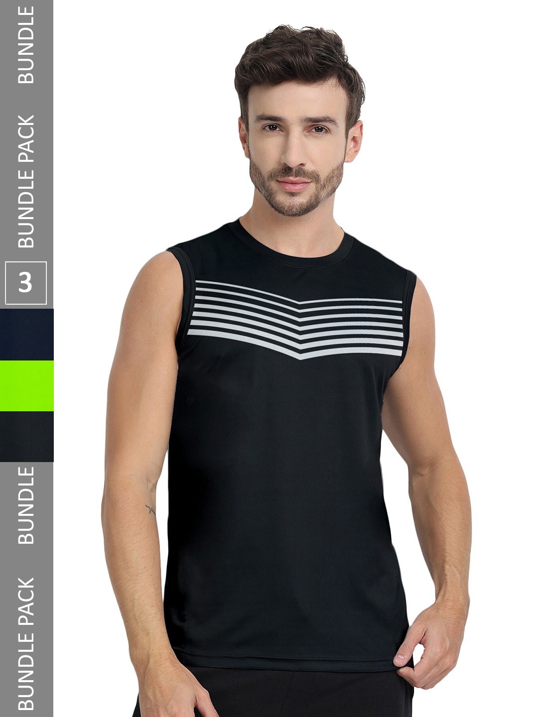 

FTX Men Multicoloured 3 Striped V-Neck Pockets T-shirt, Multi