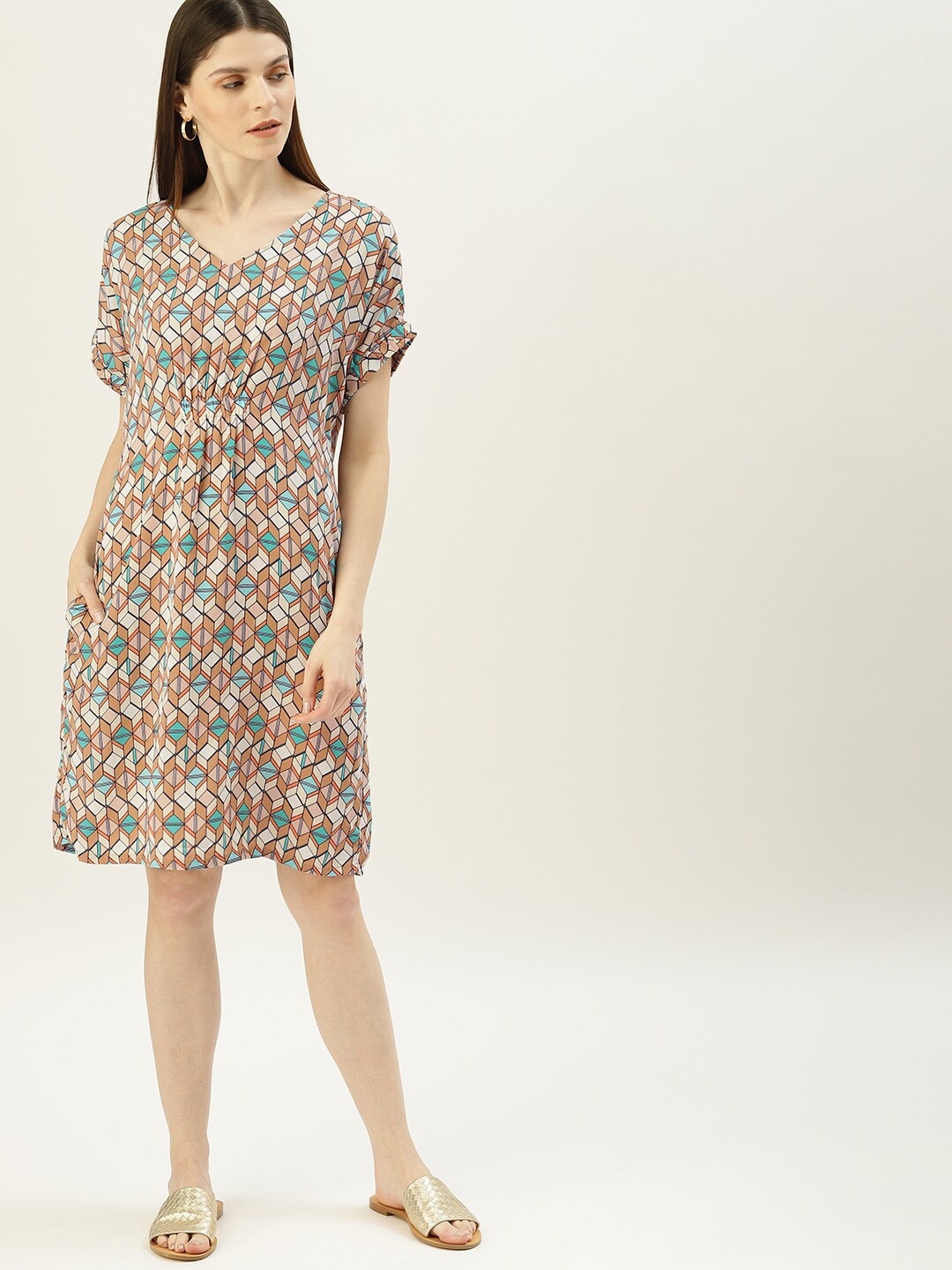 

Mast & Harbour Beige Floral Print A-Line Dress