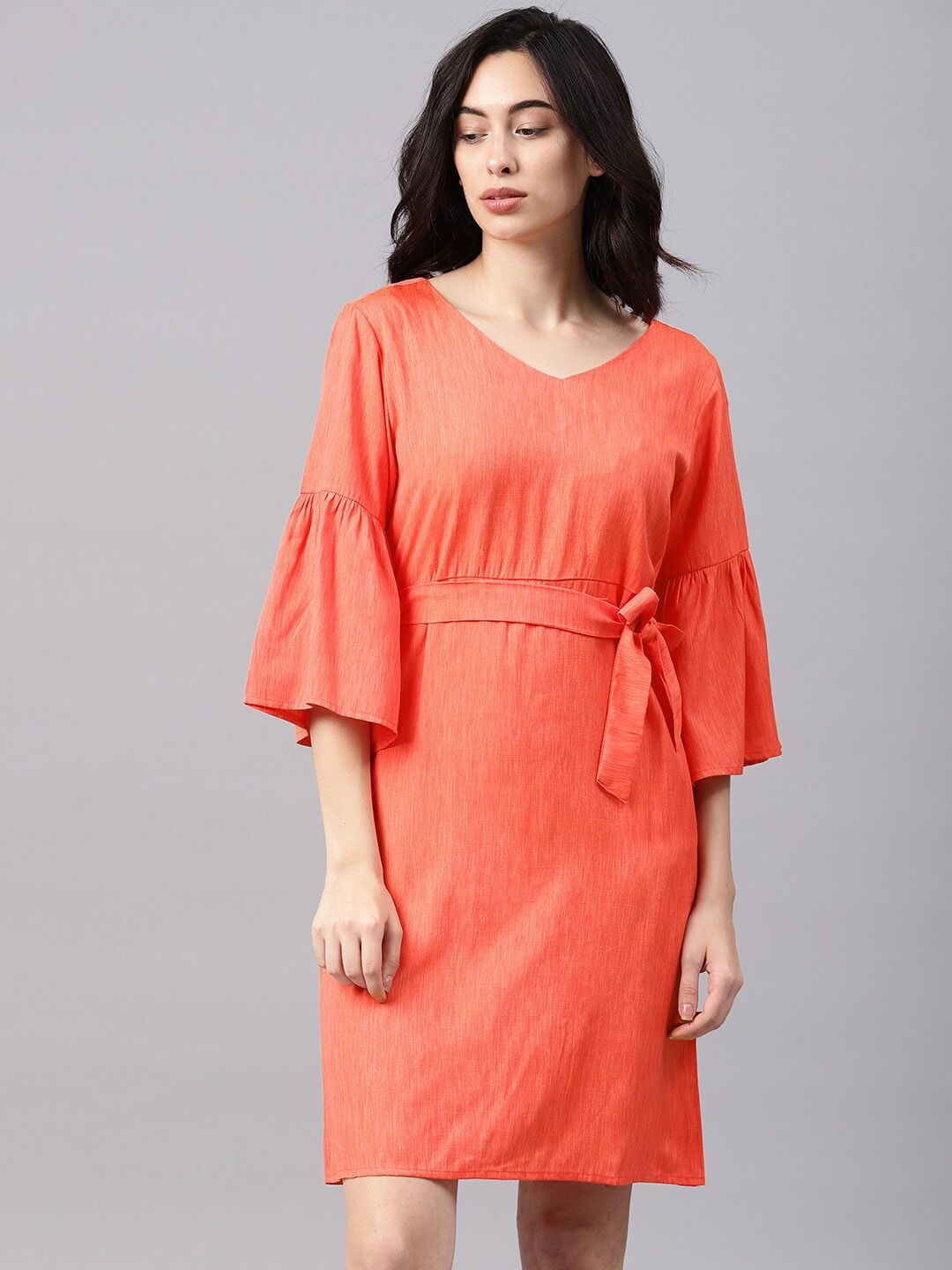 

Mast & Harbour Peach-Coloured Bell Sleeve A-Line Dress