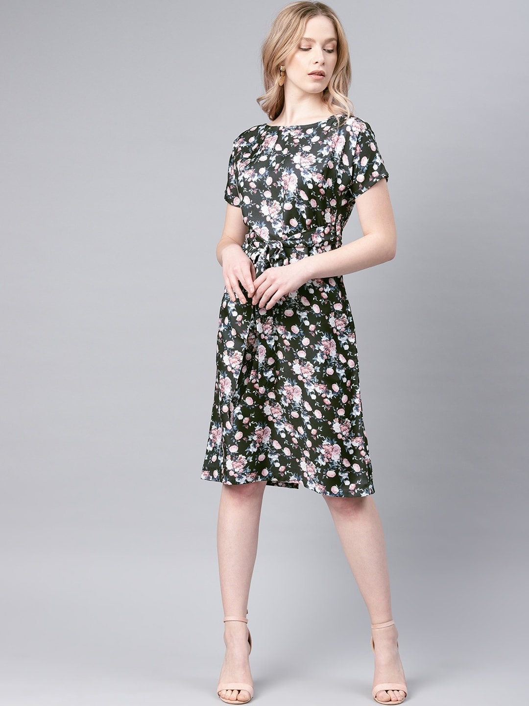 

Mast & Harbour Black Floral Printed A-Line Dress