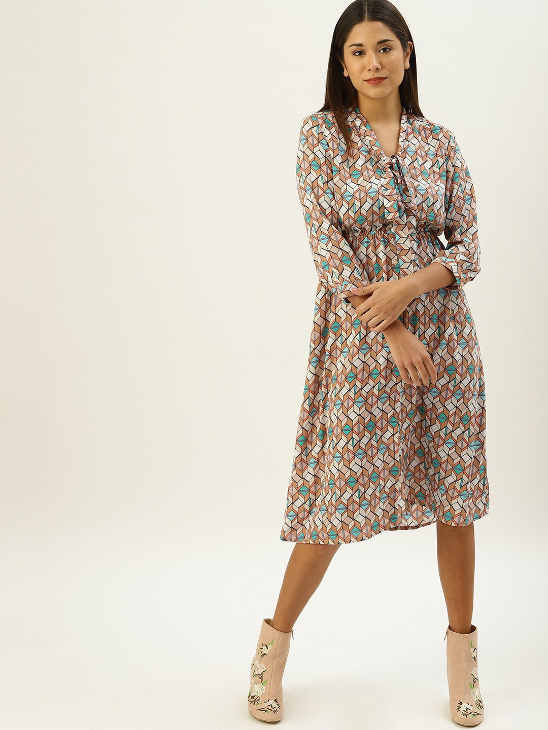 

Mast & Harbour Beige Floral Print Tie-Up Neck Empire Midi Dress