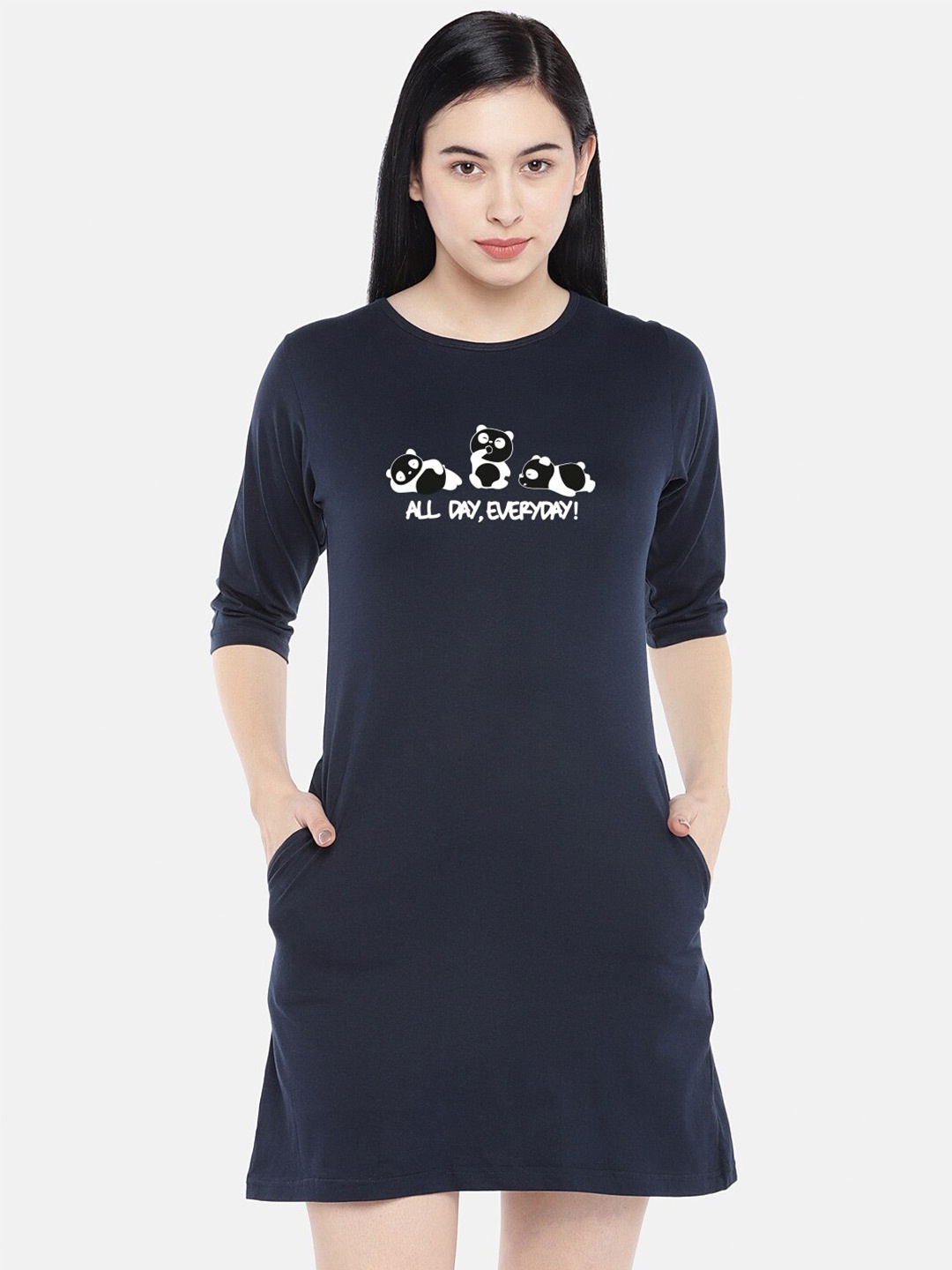 

STATUS MANTRA Navy Blue Print T-shirt Dress