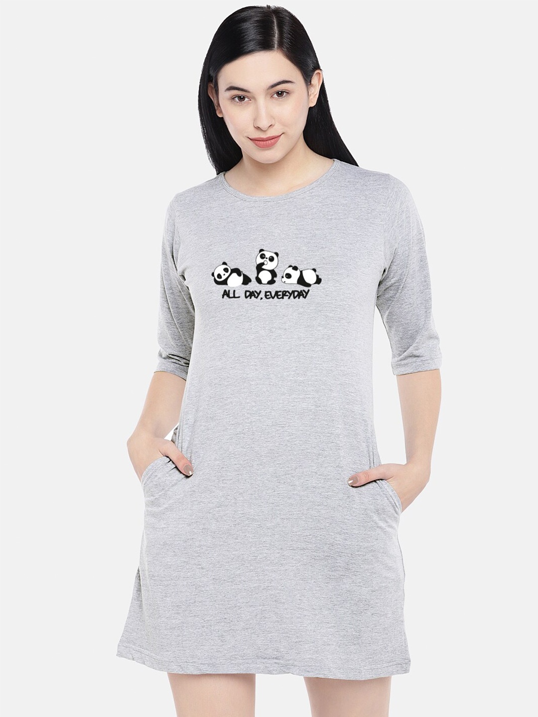 

STATUS MANTRA Grey Print T-shirt Dress