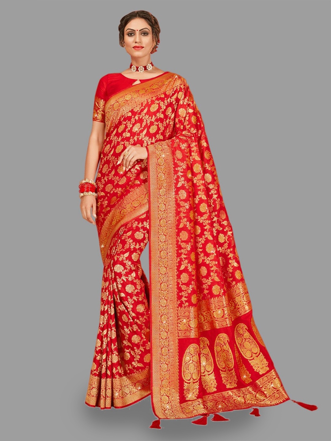 

HASRI Floral Woven Design Beads & Stone Work Pure Silk Banarasi Saree, Red
