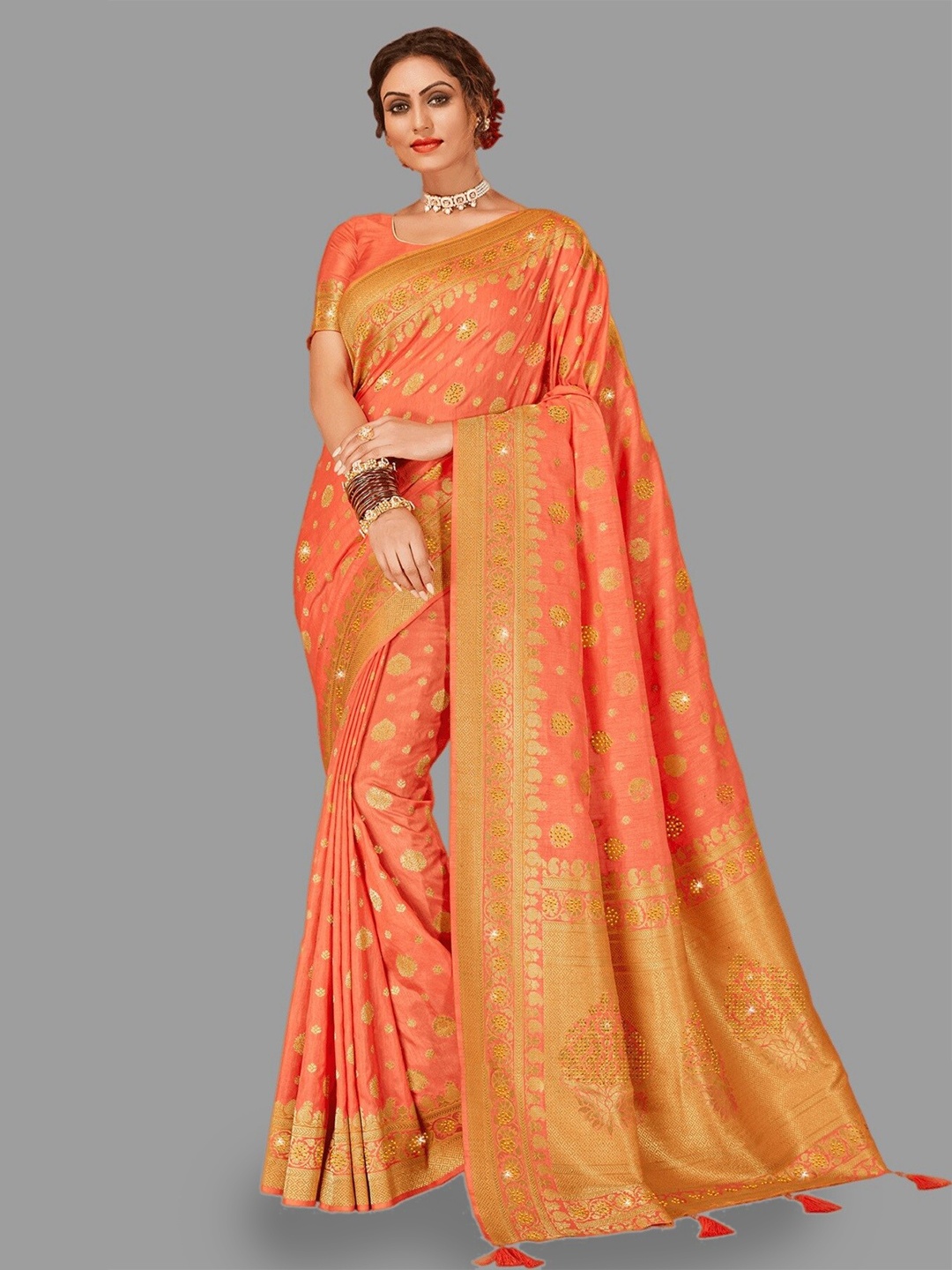 

HASRI Ethnic Motif Woven Design Beads & Stone Work Pure Silk Banarasi Saree, Orange