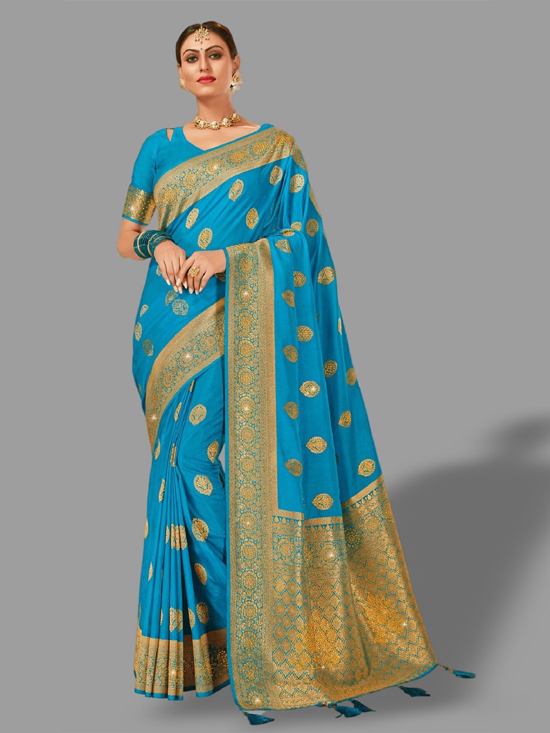 

HASRI Floral Woven Design Beads & Stone Work Pure Silk Banarasi Saree, Blue