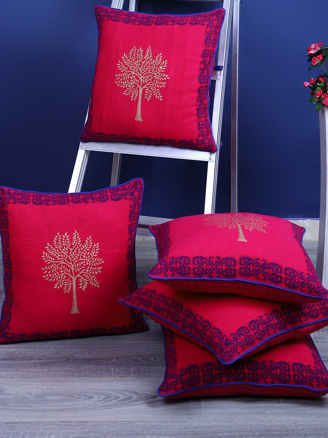 

Rajasthan Decor Red & Blue 5 Pieces Ethnic Motifs Cotton Square Cushion Covers