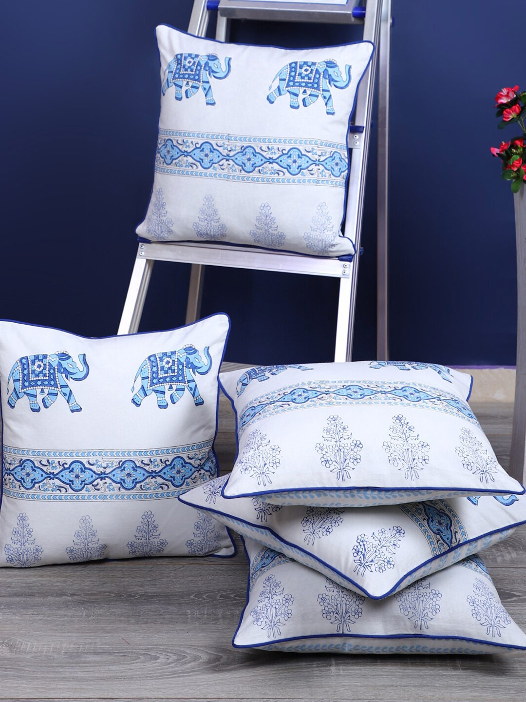 

Rajasthan Decor White & Blue 5 Pieces Ethnic Motifs Cotton Square Cushion Covers