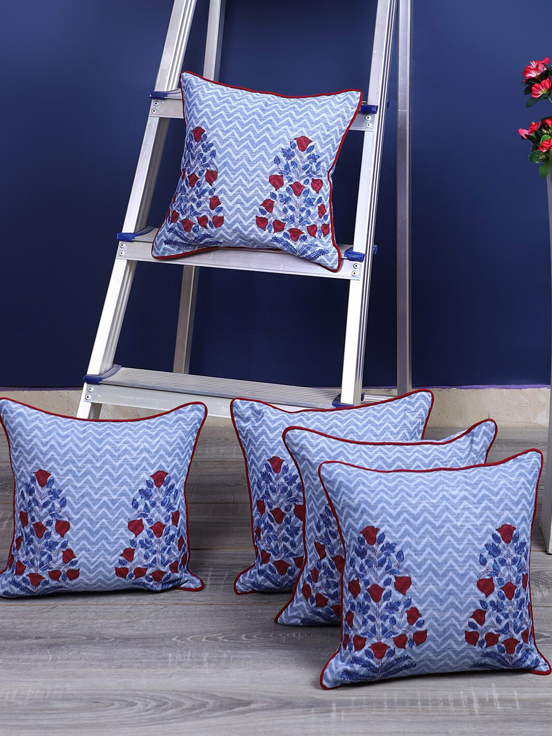 

Rajasthan Decor Blue & Red 5 Pieces Ethnic Motifs Cotton Square Cushion Covers