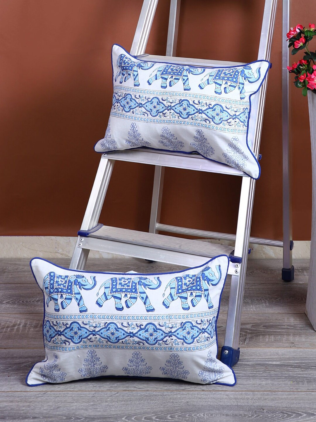 

Rajasthan Decor White & Blue Set of 2 Ethnic Motifs Rectangle Cushion Covers