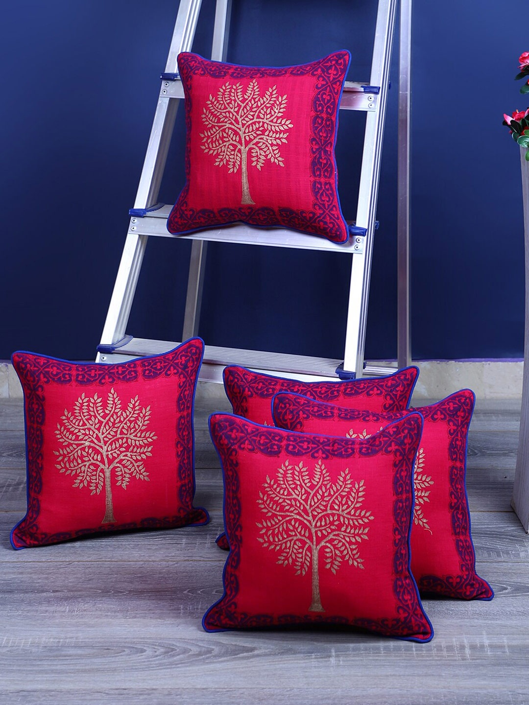

Rajasthan Decor Red & Blue 5 Pieces Ethnic Motifs Cotton Square Cushion Covers