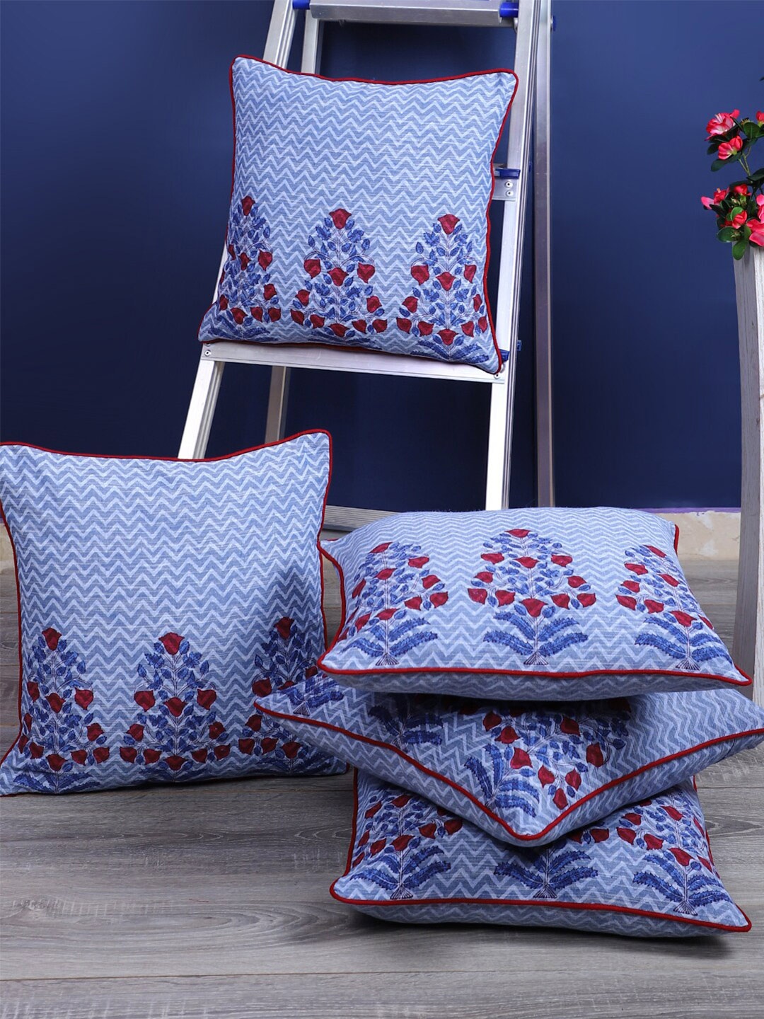 

Rajasthan Decor Blue & White 5 Pieces Ethnic Motifs Cotton Square Cushion Covers