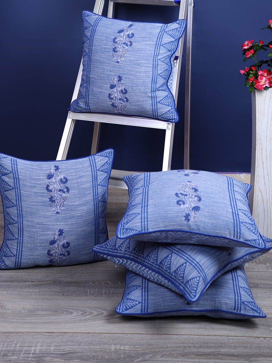 

Rajasthan Decor Blue & White 5 Pieces Ethnic Motifs Cotton Square Cushion Covers
