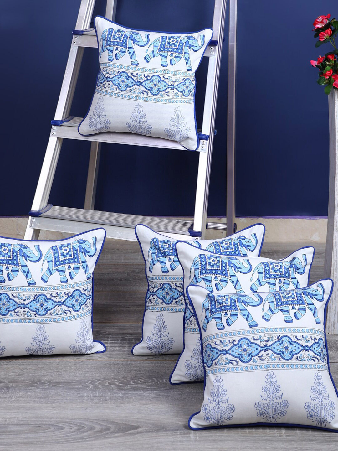

Rajasthan Decor 5 Pieces White & Blue Ethnic Motifs Cotton Square Cushion Covers