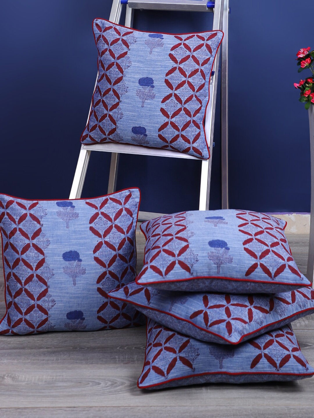 

Rajasthan Decor 5 Pieces Blue & Red Ethnic Motifs Cotton Square Cushion Covers